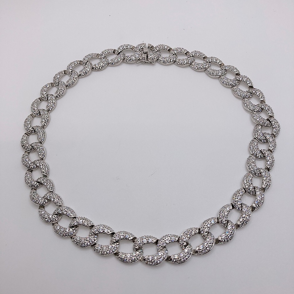 Iced Out CZ Silver Tone Cuban Link Statement Necklace Slide Clasp 17” L / .6” W